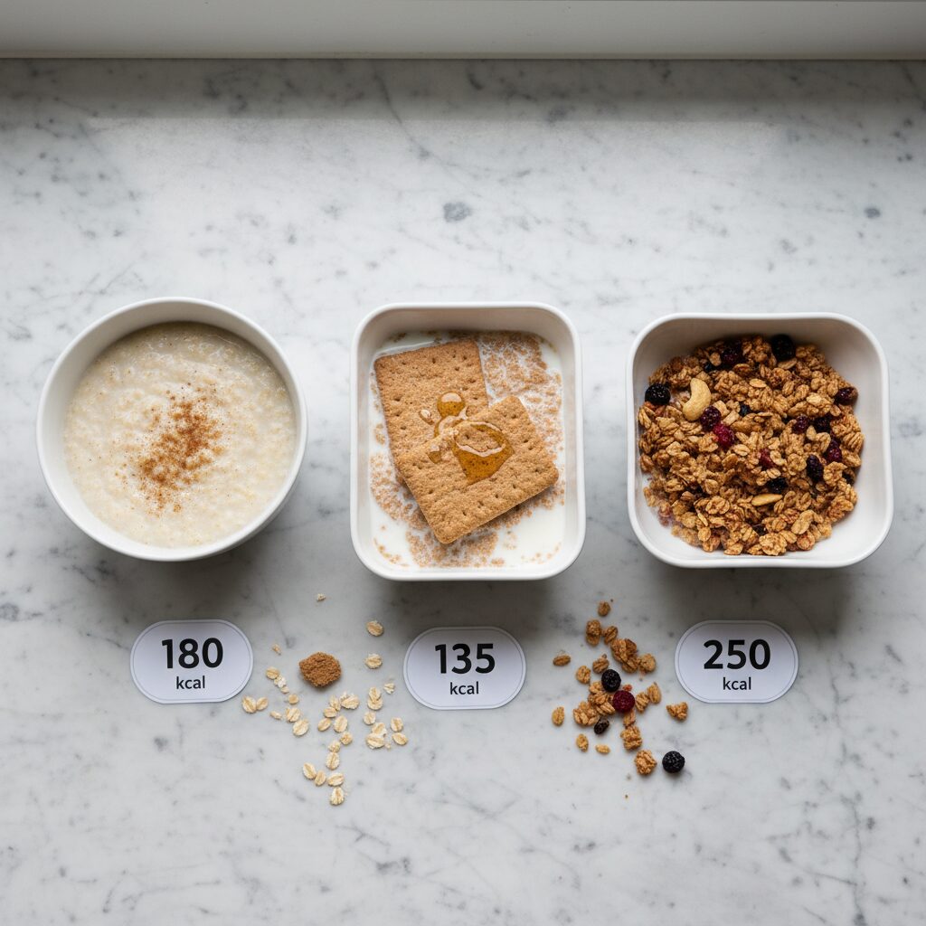 Three bowls of porridge oats, Weetabix and granola side by side showing calorie comparison