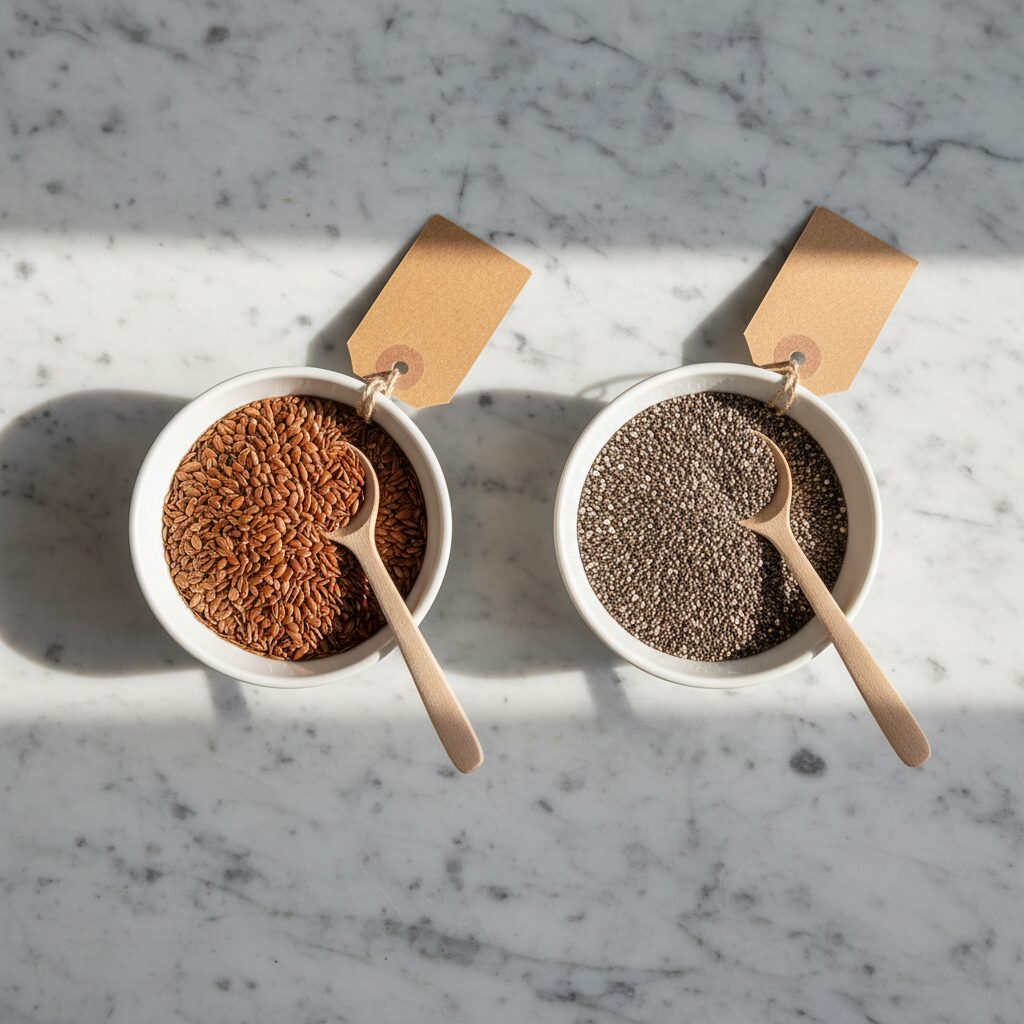 Flaxseed vs chia seeds comparison in two white ceramic bowls